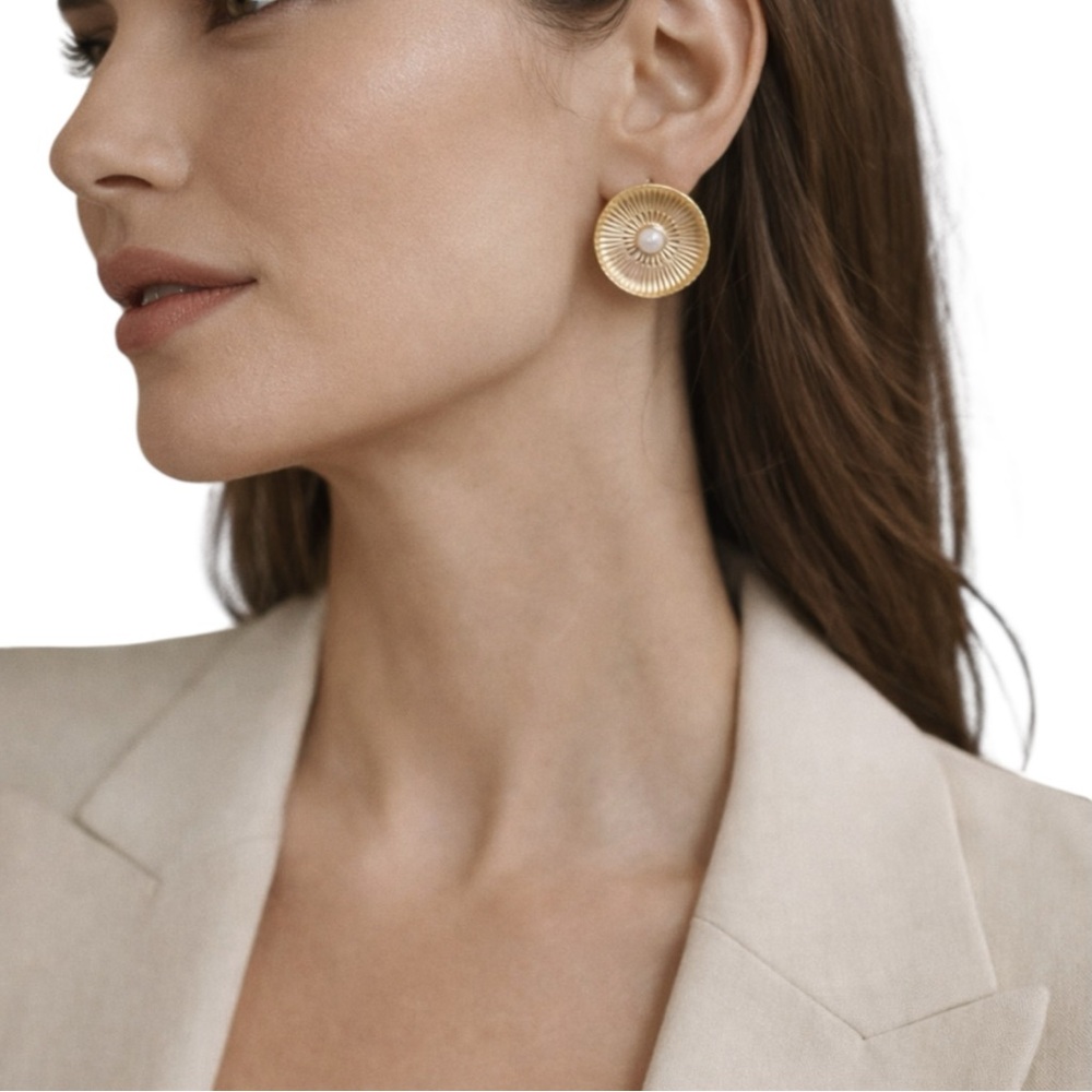 Elan 18 Carat Gold Finish with Brass Pearl Accent Earrings New